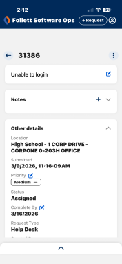 Follett Software Ops App, request details screen. 